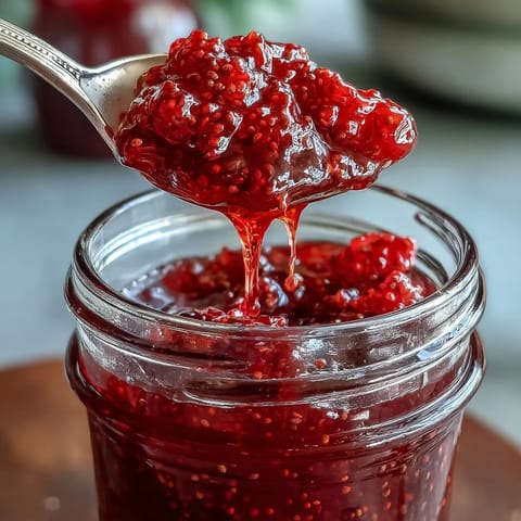 Vibrant raspberry lemon chia jam in a glass jar, bright red with citrus zest and chia seeds, ready to spread on toast.