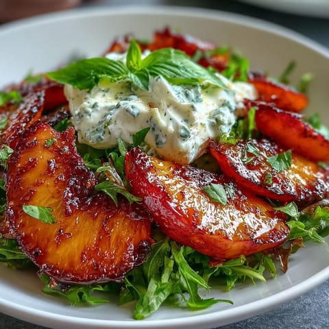 Perfectly grilled peach and burrata salad with sweet honey dressing, ready to serve.