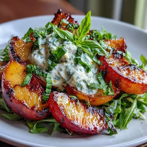 Creamy burrata cheese and caramelized grilled peach salad, drizzled with honey vinaigrette.