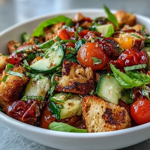 Summer Panzanella salad featuring toasted bread, crisp veggies, perfect for outdoor dining.