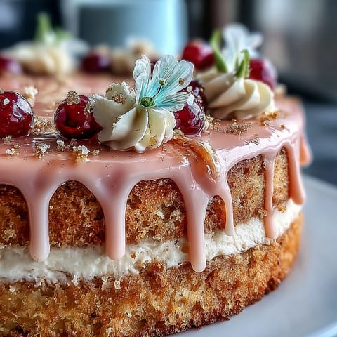 Decadent rosé velvet cake adorned with a graceful, edible gold waterfall.