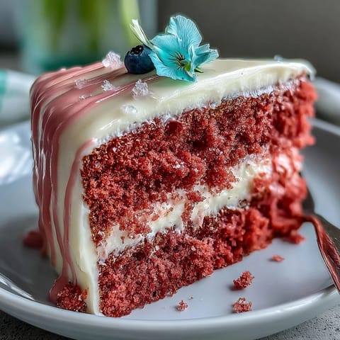 Moist rosé-infused velvet cake, frosted and adorned with elegant gold drip.