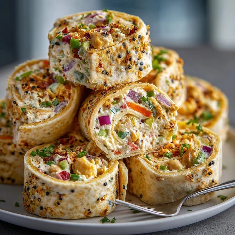 Creamy, tangy Everything Bagel Chickpea Salad Pinwheels sliced, showing layers of vibrant filling.