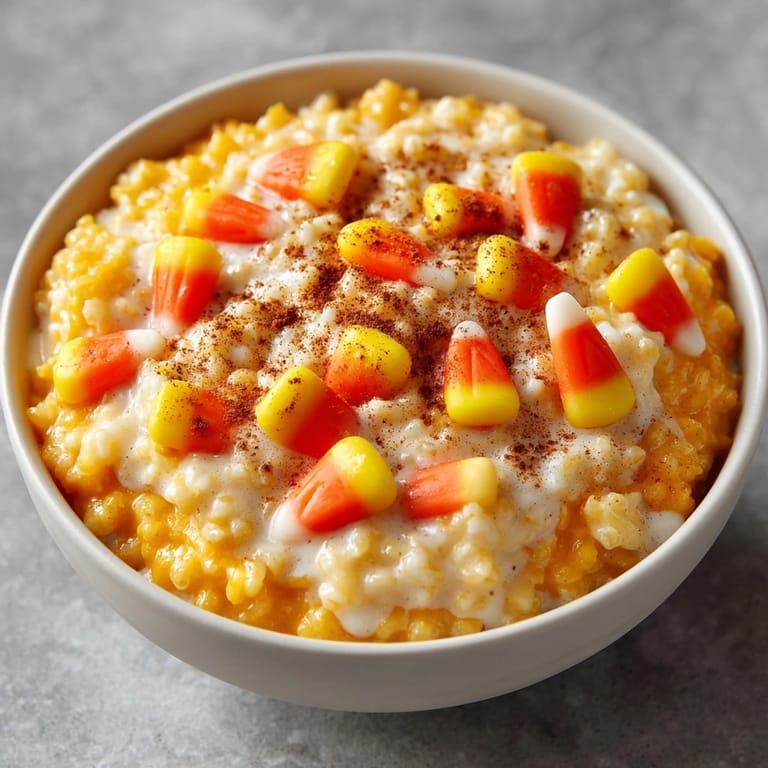 Close-up of sweet, spiced Pumpkin Spice Rice Pudding bowl, garnished with candy corn candies.