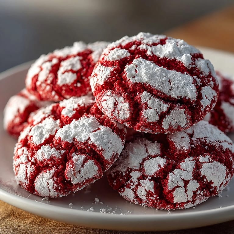 Warm Red Velvet Crinkle Cookies cooling on a rack, showing vibrant red against white powdered sugar.