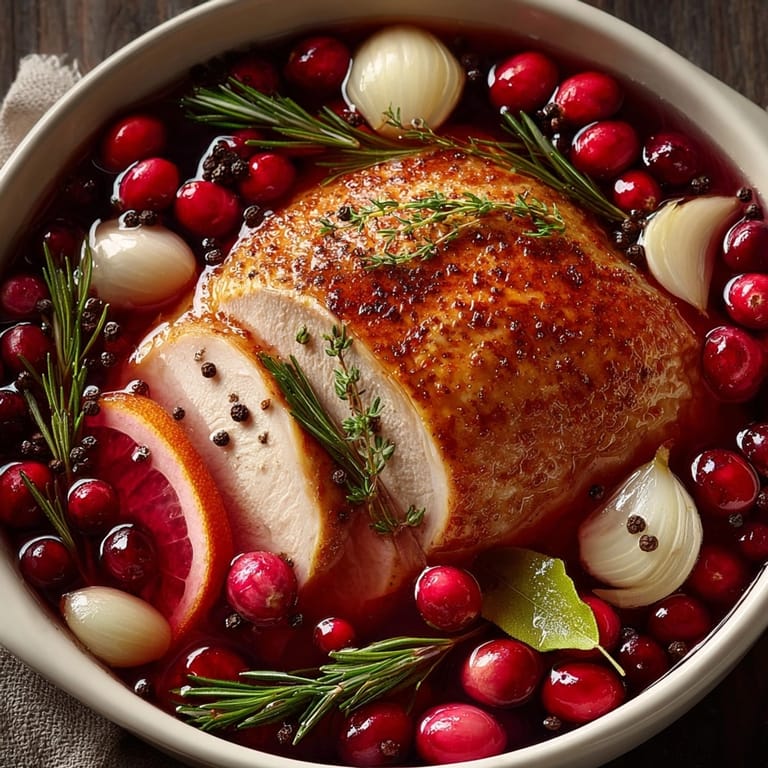Holiday turkey soaking in a vibrant, aromatic Cranberry Orange Turkey Brine, promising a flavorful meal.