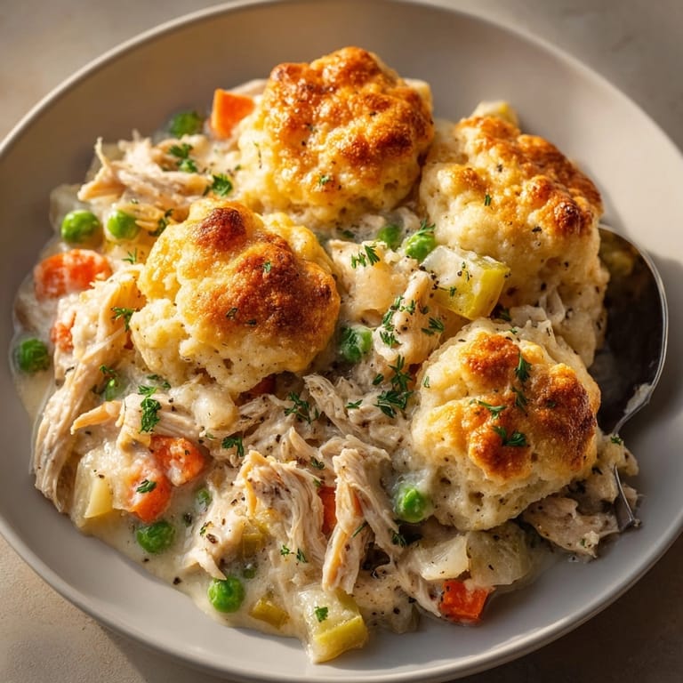 Warm, satisfying Chicken and Dumplings Casserole—fluffy biscuits atop tender chicken and garden vegetables.