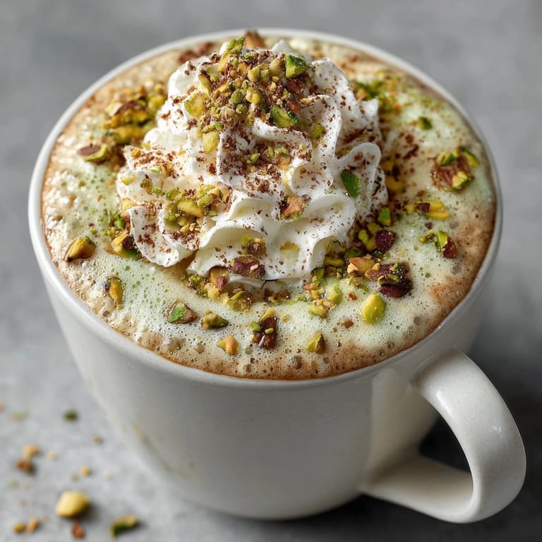 Frothy Pistachio Coffee: A sweet and earthy treat topped with chopped pistachios.