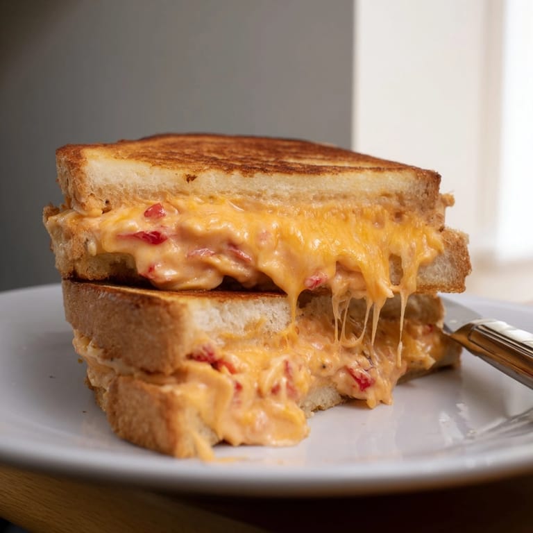 Creamy, homemade Pimento Cheese-Stuffed Grilled Cheese ready to slice and enjoy at lunchtime.