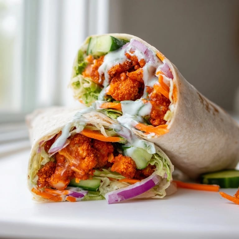 Baked Vegan Buffalo Cauliflower Wrap recipe: spicy, tangy cauliflower inside warm, soft tortilla.