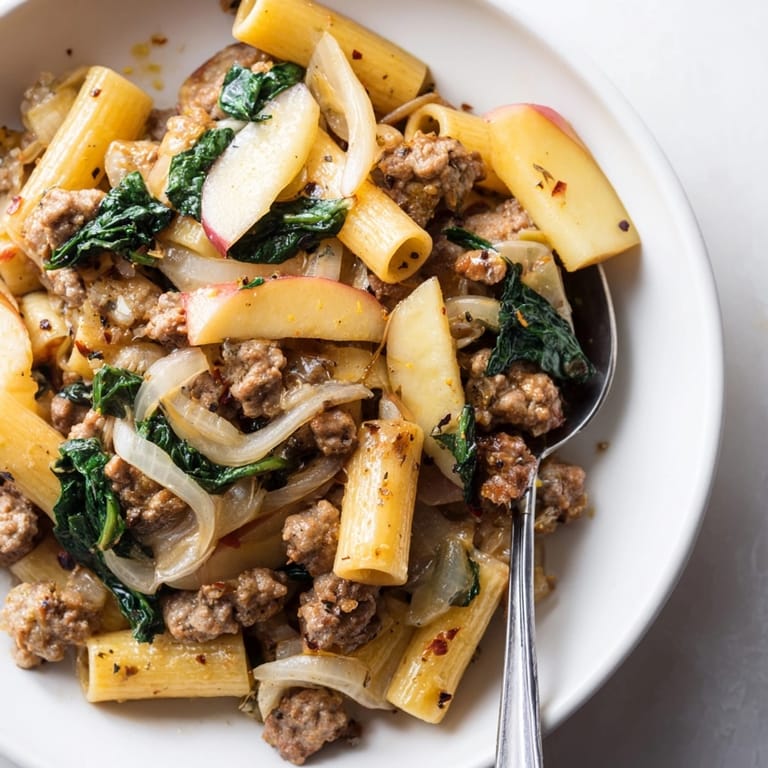 Savory and sweet Roasted Apple and Sausage Pasta Skillet ready for a comforting dinner.