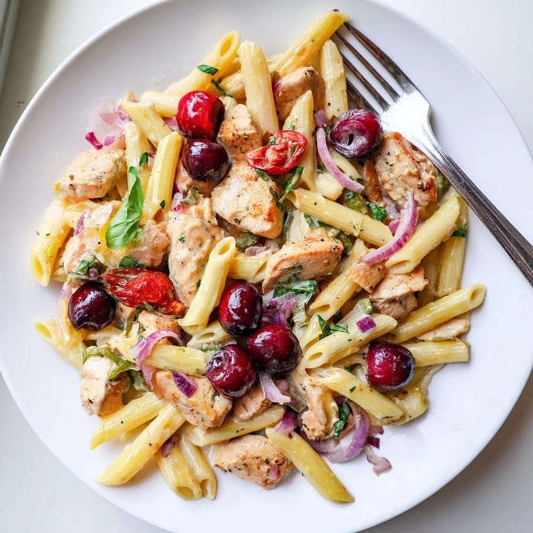 A skillet of vibrant Cherry Jalape&amp;ntilde;o Chicken Pasta, ready to serve for dinner.