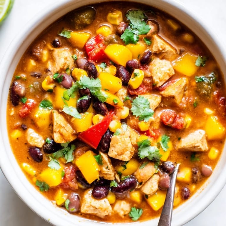Savory Mango Southwest Chicken Chili simmering in a pot, releasing smoky Southwestern aromas.