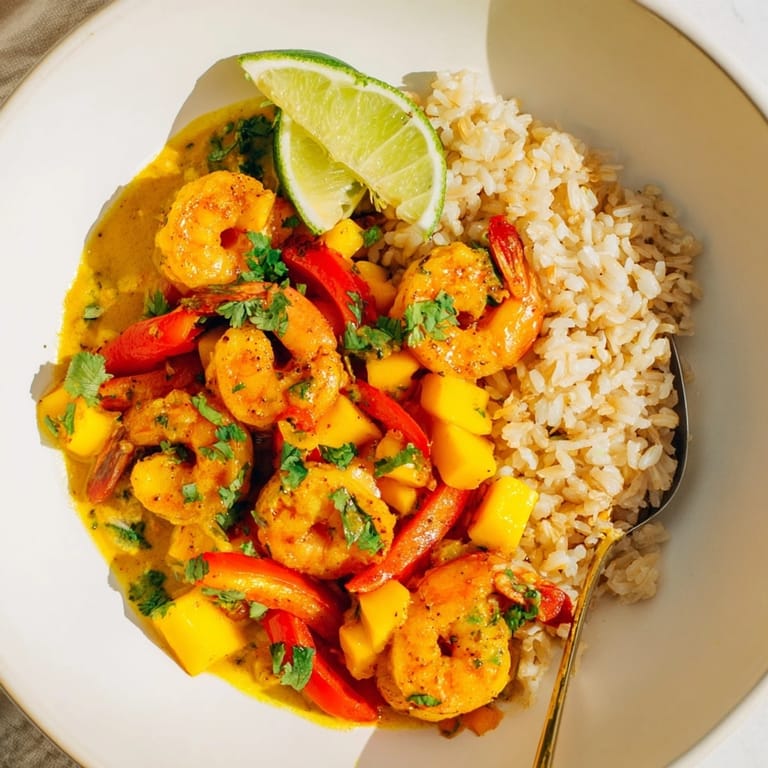Easy Shrimp and Mango Curry Skillet recipe served over rice, cilantro, and lime.