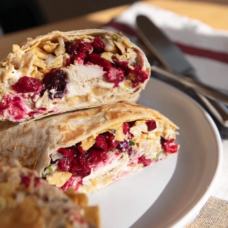 A delicious combination of creamy cranberry jalapeño dip wrapped in golden tortillas.