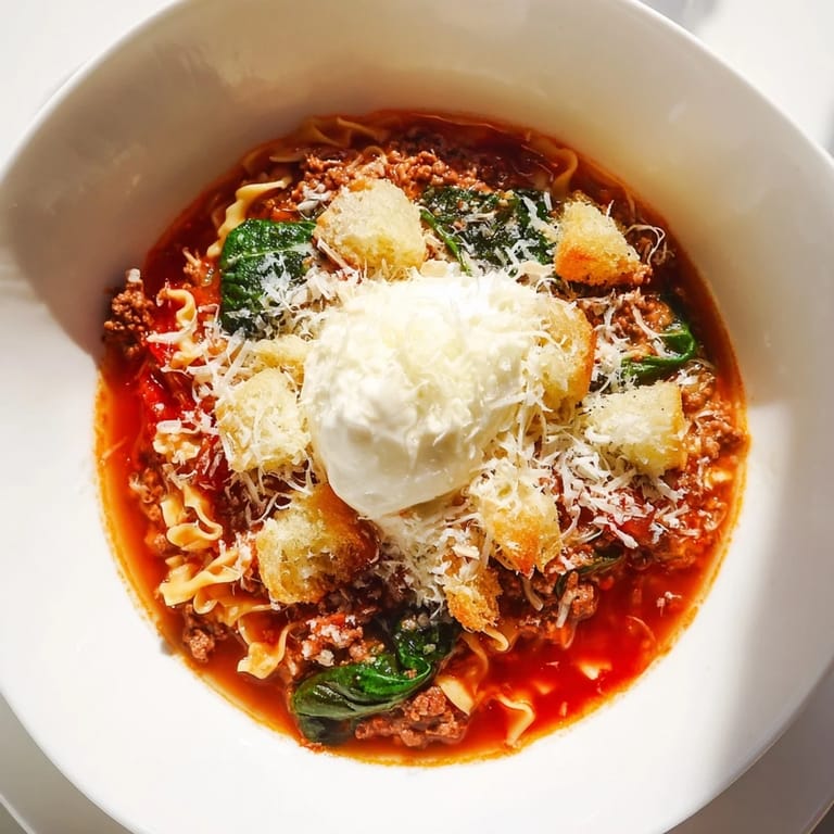 Warm Lasagne Soup full of savory flavors, finished with garlic bread cubes.