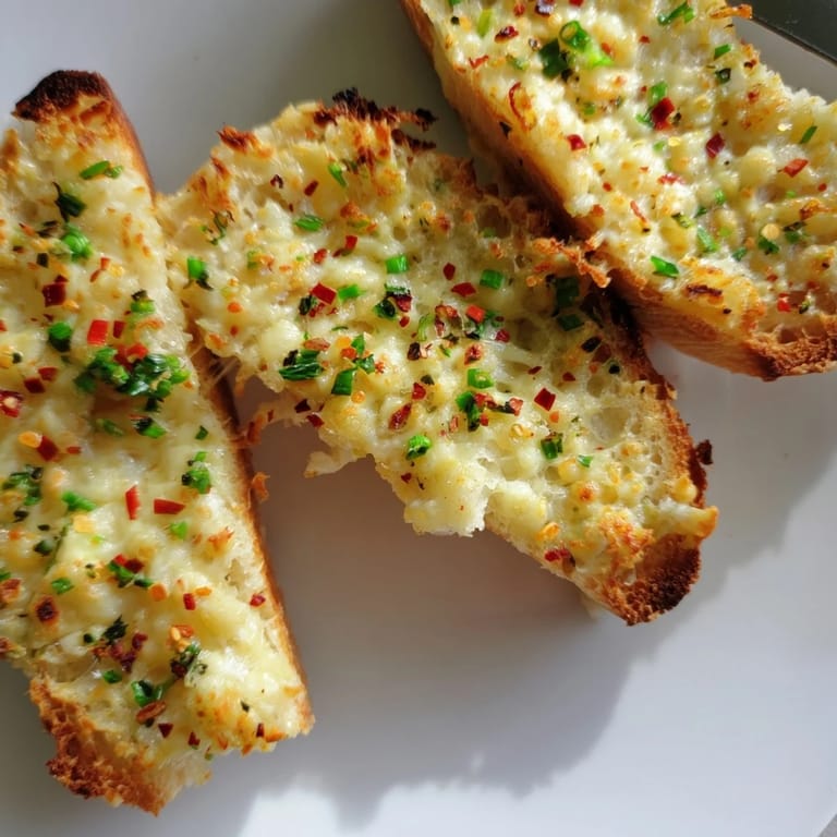 Fluffy baguette slices smothered in garlic butter and spicy cheese topping.
