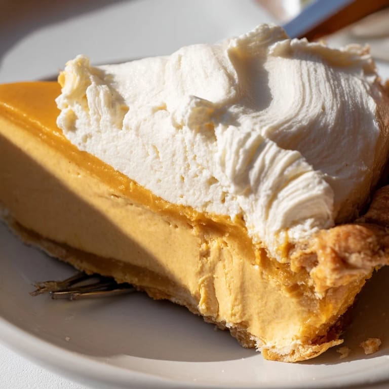 Sliced Butterscotch Pumpkin Cream Pie showcasing rich layers and golden crust.