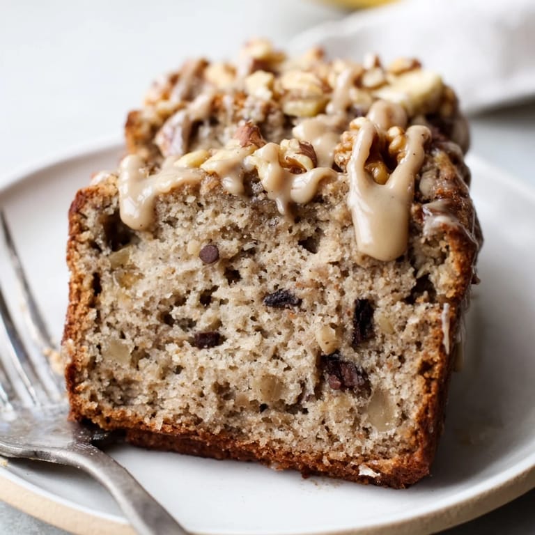 Sliced coffee cream banana bread on a plate, showcasing its rich flavors and texture.