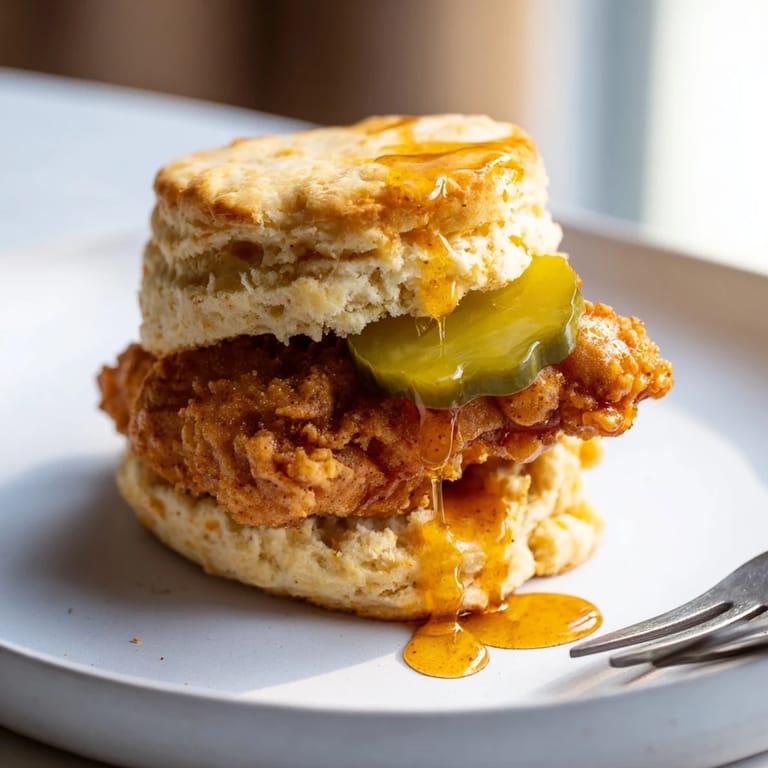 Savory Nashville Hot Honey Biscuit Sliders topped with pickles and a sweet honey glaze.  