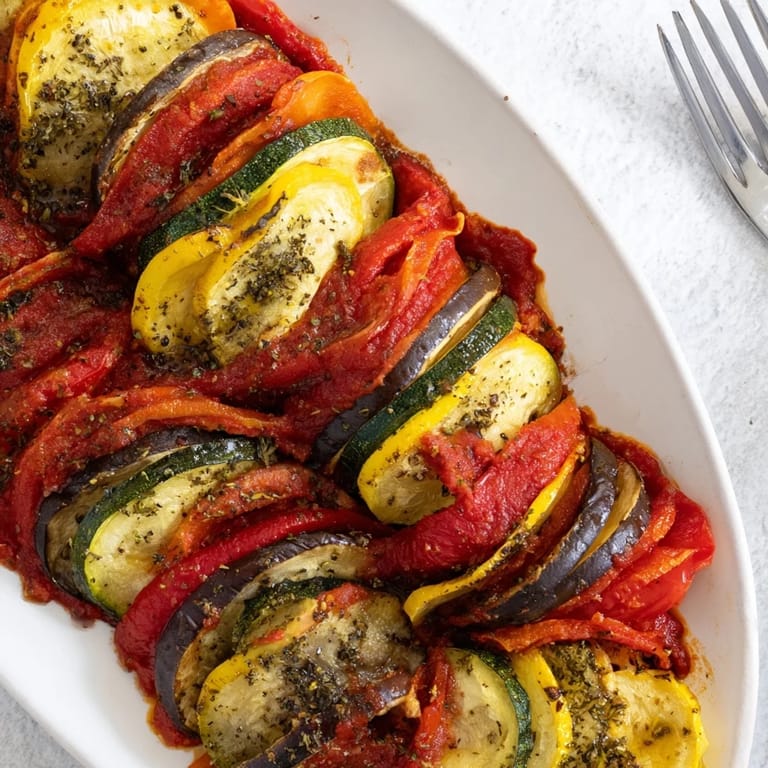 Delicious One-Pan Ratatouille served warm, drizzled with savory tomato sauce and herbs.