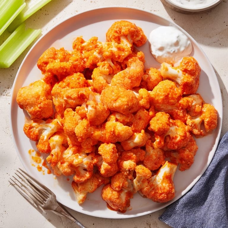 Crispy, baked Cauliflower Buffalo Wings drizzled with hot sauce for a flavor punch.  
