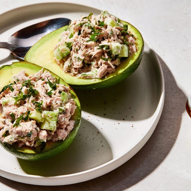 Refreshing Tuna Salad Stuffed Avocado, a perfect light meal ready in just minutes.