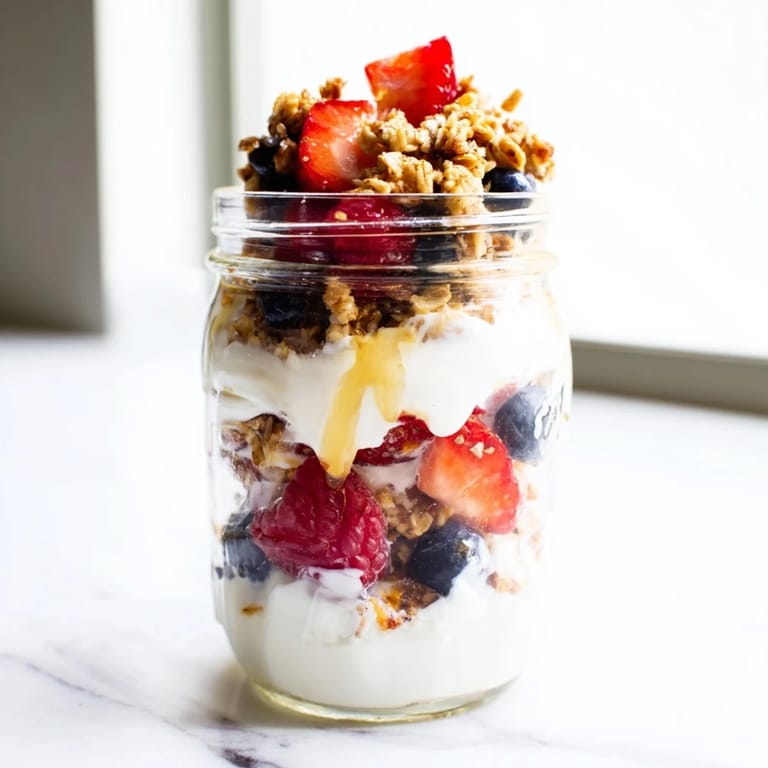 Delicious Greek yogurt fruit parfait topped with honey, perfect for breakfast or dessert.  