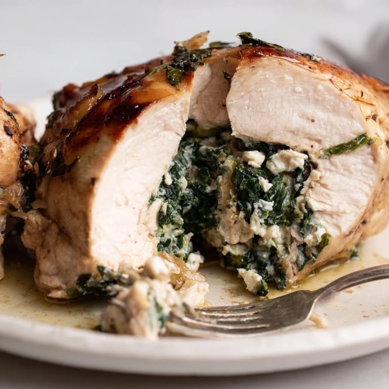 Baked spinach and feta stuffed chicken, served hot, with a side of roasted veggies.  