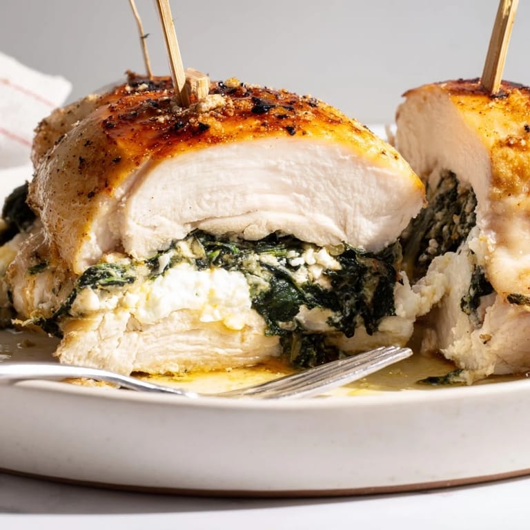 Deliciously creamy spinach and feta stuffed chicken, perfect for a Mediterranean-inspired dinner.
