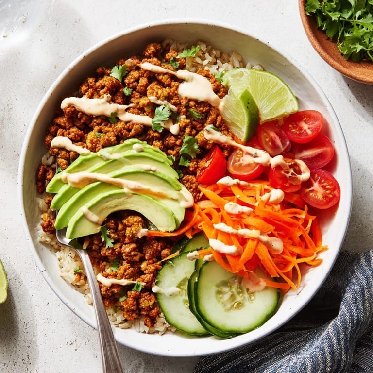 Hearty plant-based meat bowl with quinoa, fresh veggies, and spicy sriracha sauce.