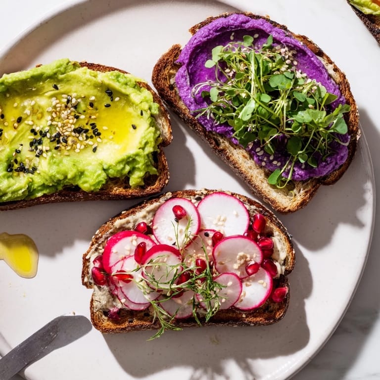 Delicious and easy Bright & Bold Breakfast Toasts with avocado and pomegranate seeds. 