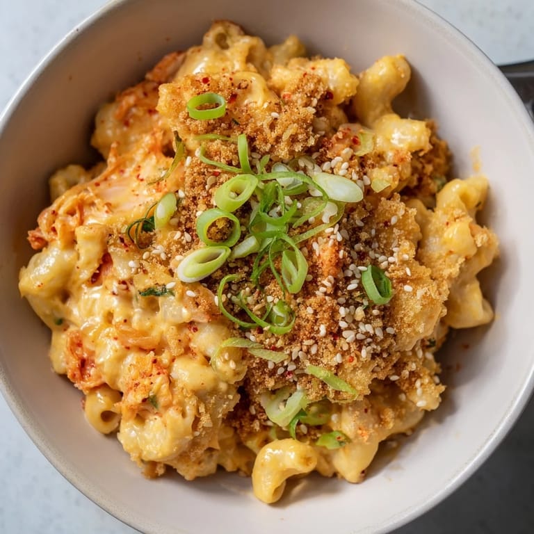 Decadent Spicy Kimchi Mac & Cheese, enhanced with tangy kimchi and a crispy topping.