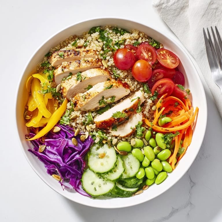 Healthy Meal-Prep Bowls with sliced chicken and zesty dressing for easy meal prep.  