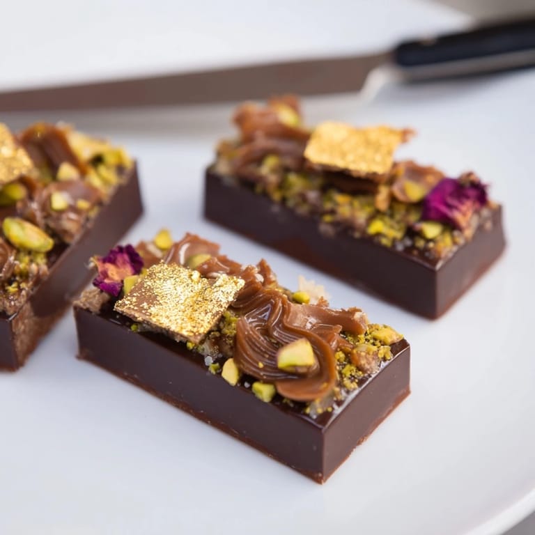 Luxurious chocolate bar inspired creations highlighted by spiced date caramel and pistachios.  