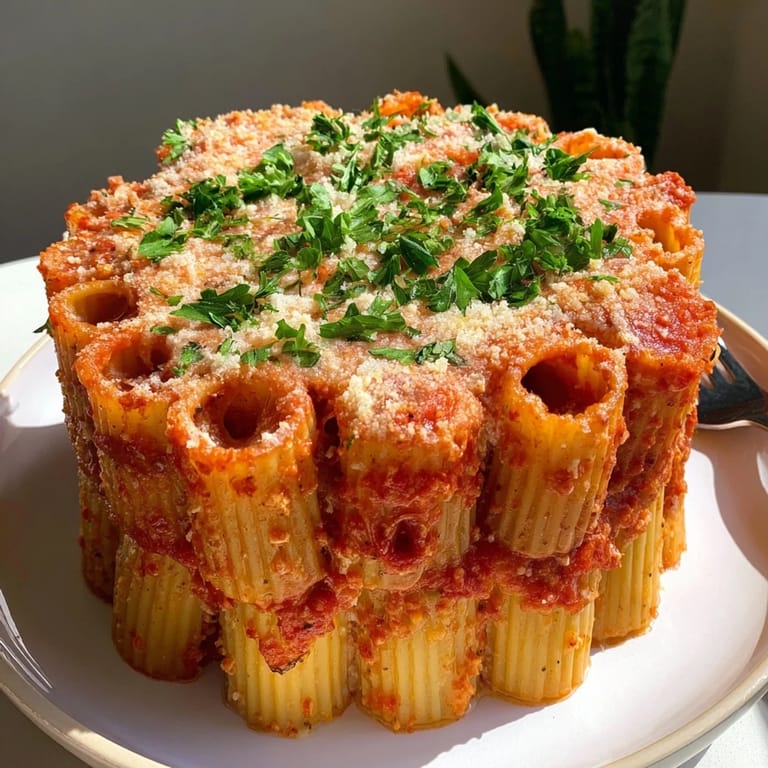 Delicious Honeycomb Pasta Cake filled with creamy ricotta and savory tomato sauce.  