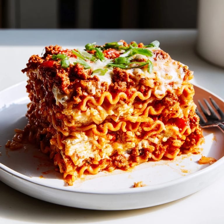 Comforting spicy ramen lasagna with rich ground pork and creamy cheese layers.  