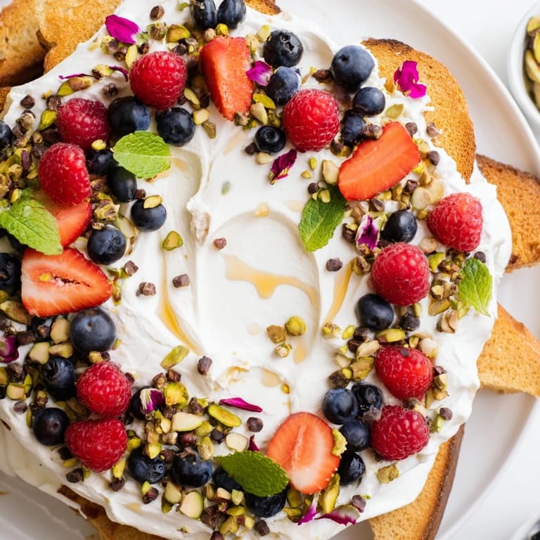 Creamy Butter Board Dessert with fresh berries, drizzled honey, and toasted bread slices for dipping.