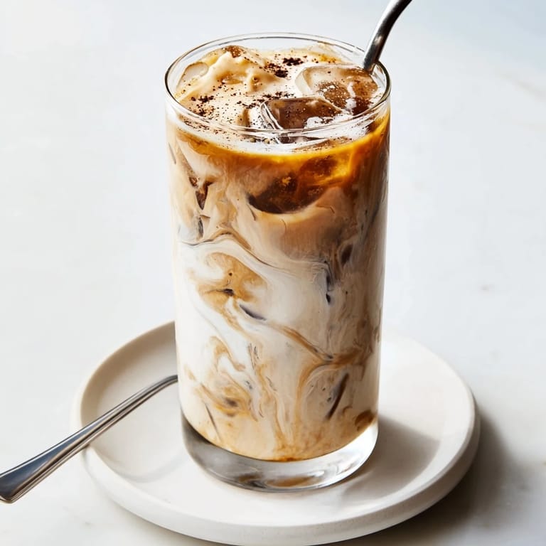 Rich and refreshing Tahini Iced Coffee topped with plant-based milk and sweetness.  