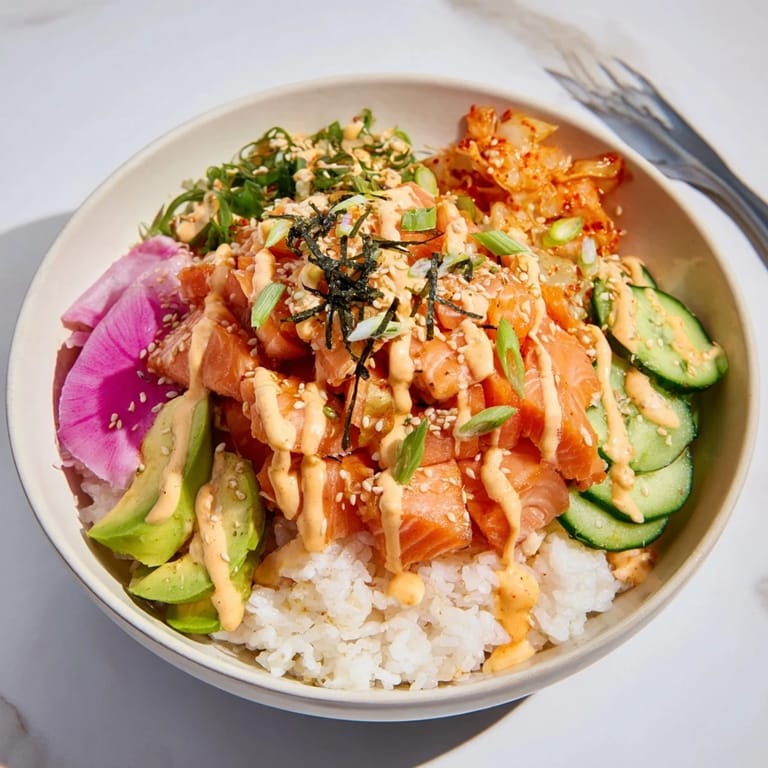 Vibrant Crispy Salmon Rice Bowl showcasing golden rice and crunchy garlic garnishes.  