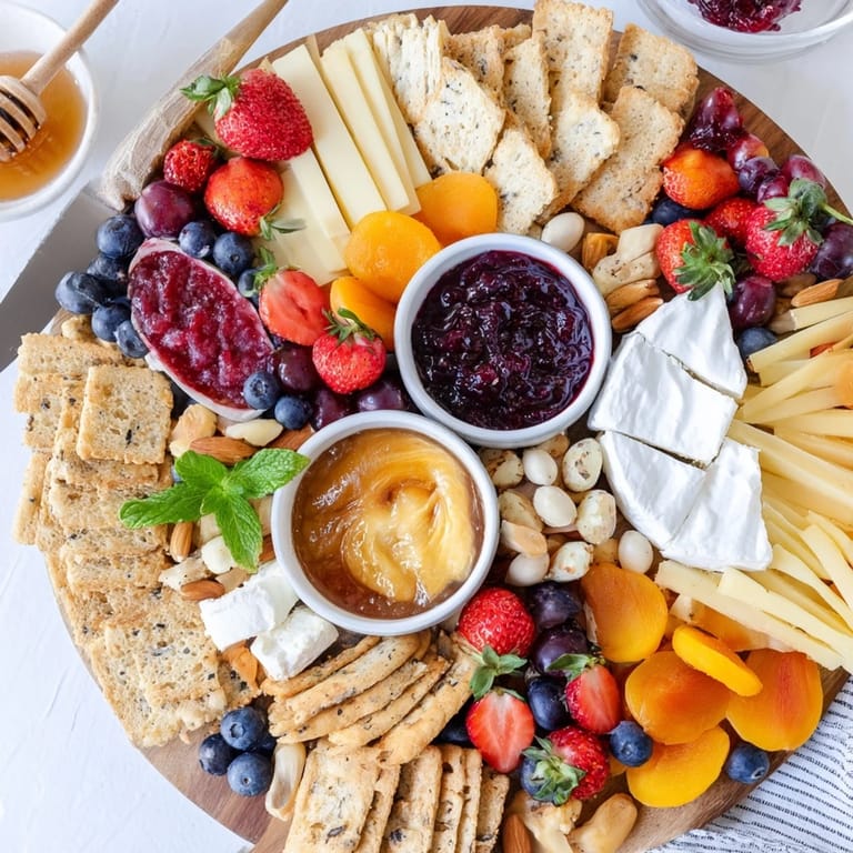 Enticing jam-infused brunch board artfully arranged with sweet jams and savory accompaniments.