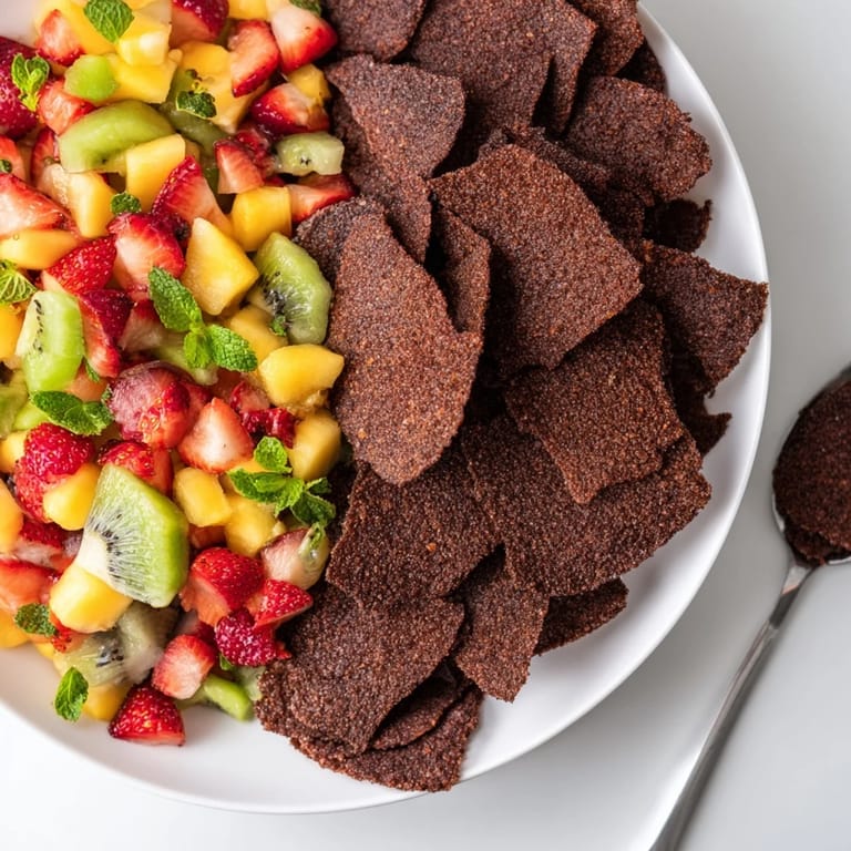 Sweet homemade chocolate chips served with colorful fruit salsa, ideal for festive occasions.