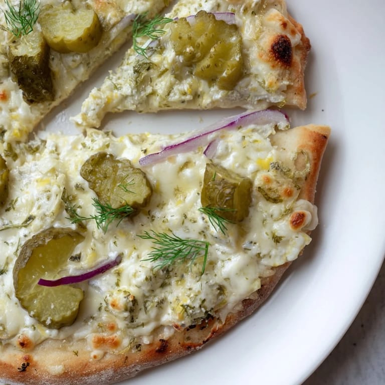 Sliced pickle pizza fresh from the oven, glistening with melted cheese and herbs.