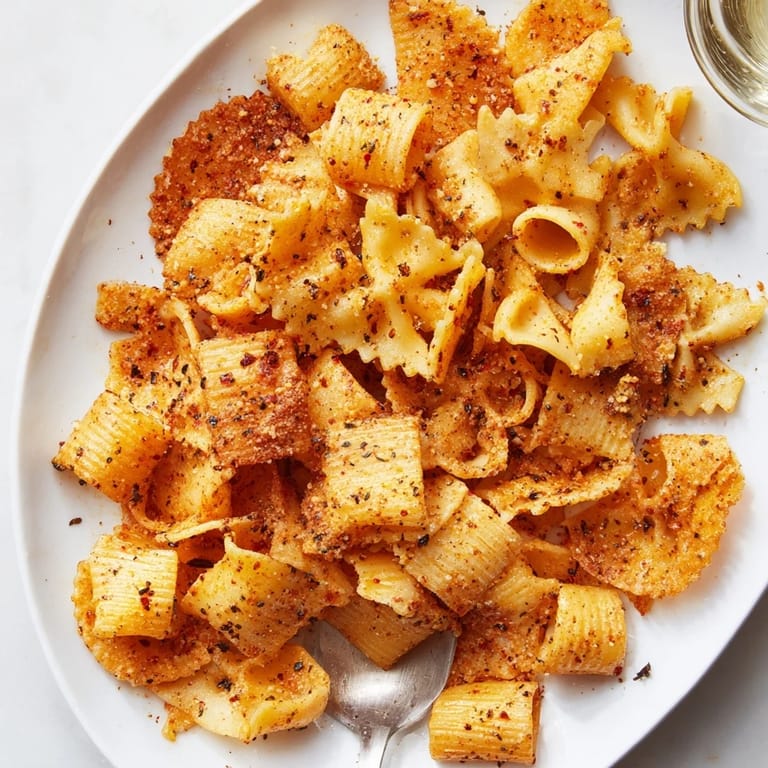 Golden baked pasta chips, seasoned variety, perfect for snacking or parties.  