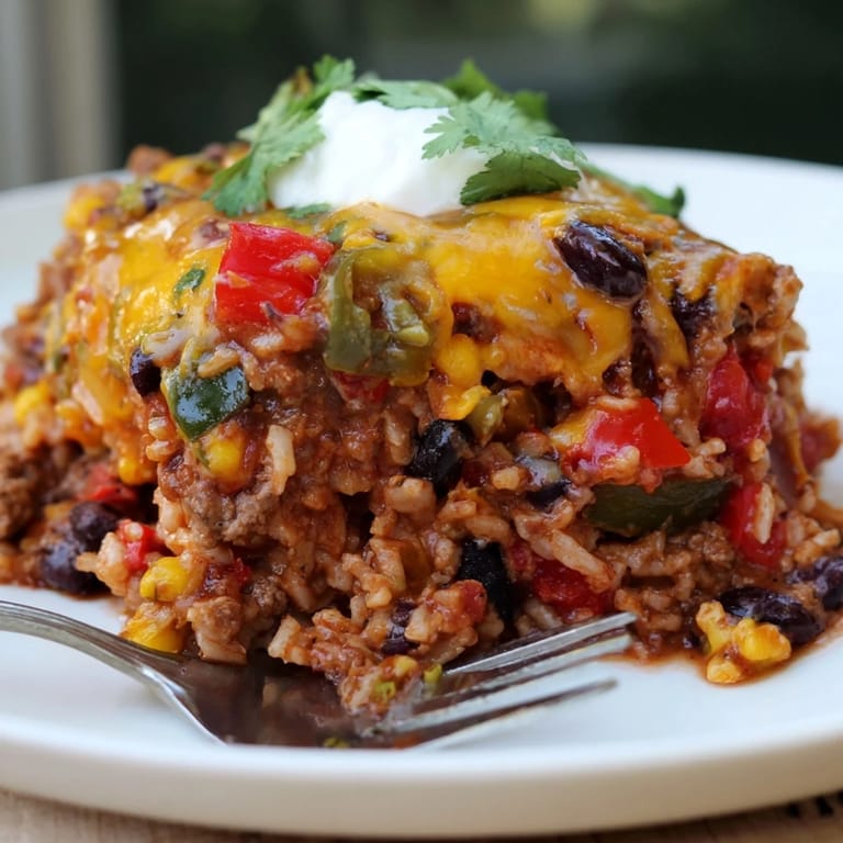 Savory Tex-Mex Beef & Rice Casserole, bursting with flavors and baked to perfection.  