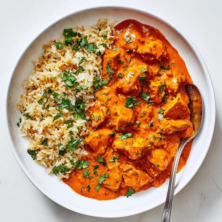 Aromatic rice pilaf beside rich, flavorful butter chicken, perfect for comforting dinners.  