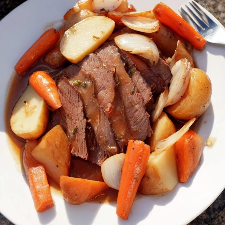 Savory Sunday Pot Roast served with succulent veggies and rich pan juices.