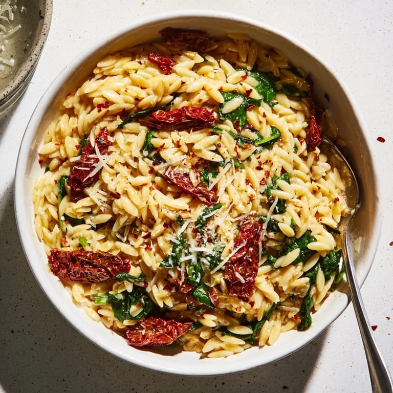 Rich and creamy Tuscan orzo bowl, infused with garlic and Italian herbs, served hot.  
