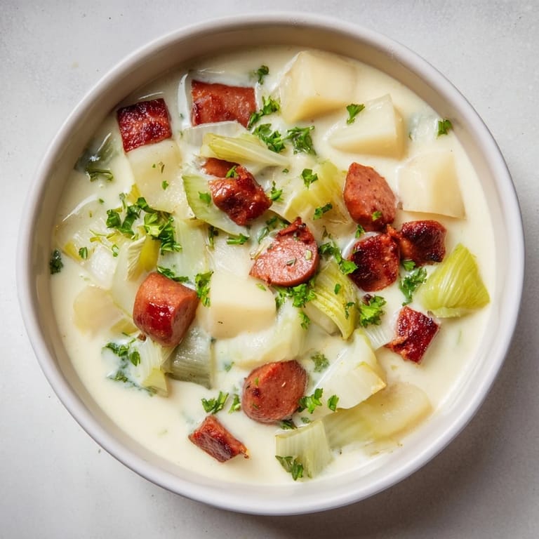 Close-up of a delightful Potato, Leek & Chorizo Soup with visible chunks and rich broth.