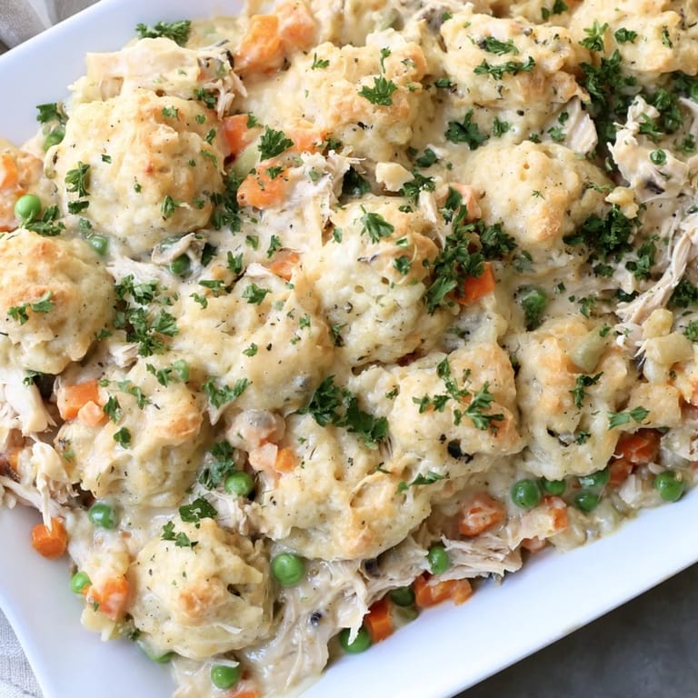 A close-up of the Chicken and Dumplings Casserole shows soft, fluffy dumplings over a rich, savory chicken base.